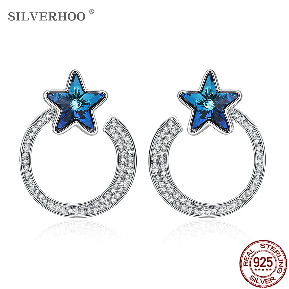 

SILVERHOO S925 Sterling Silver Earrings For Women Round Shining Star Crystal Stud Earrings Austria Blue Crystal For Party Girls