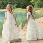 Платья для девочек цвета слоновой кости с цветочным рисунком для свадьбы, с кружевным рукавом, с оборками, вечернее платье принцессы
