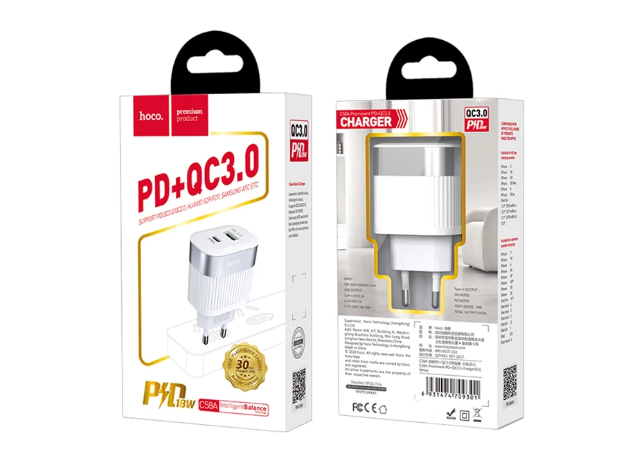HOCO PD QC3.0 USB быстрое зарядное устройство для телефона 18 Вт Быстрая зарядка 3,0 ЕС США вилка настенный USB зарядное устройство адаптер полное соглашение для iPhone samsung