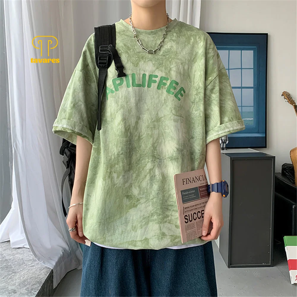 

TAVARES Men Short Sleeve Tie dye loose Summer Round neck Casual Cotton T-shirt Breathable Loose Clothes