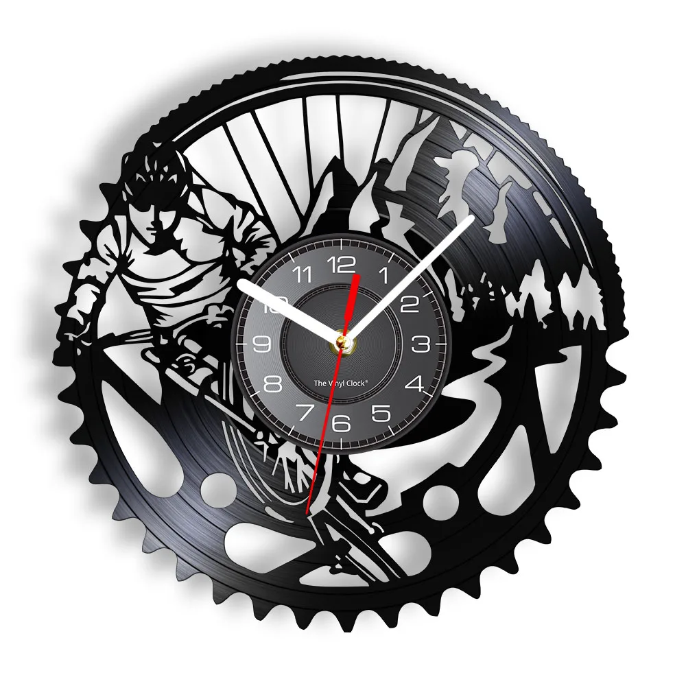 Mountain Cycling Contemporary Vinyl Wall Clock Riding Bikes Bicycle Longplay Record Timepieces Outdoorsy Activity Modern Artwork