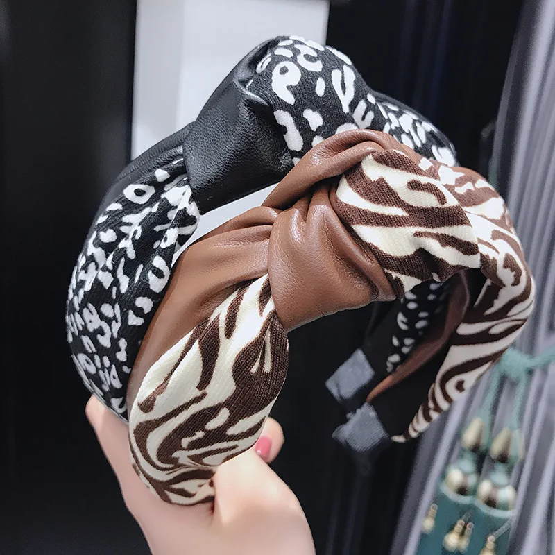 

2021 New Arrival Leopard Print with PU Knotted Hairbands For Women Boho Zebra Turban Adlut Headdress Fashion Patchwork Headwear