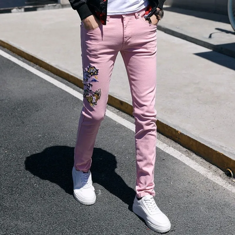 Мода 2020 мужские джинсы с вышивкой в виде животных облегающие повседневные узкие