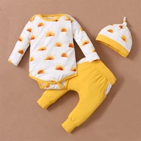 newborn baby romper sets cotton bebi print elastic waist hat springautumn pullover long sleeve 3 piece round neck casual outfit