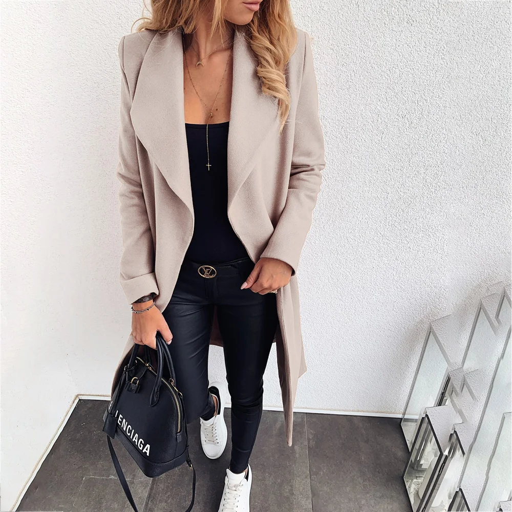 

Autumn Winter Woolen Long Sleeves Women Windbreaker Coat 2022 Fashion Lapel Lace Up Solid Casual Loose Long Coat Woman