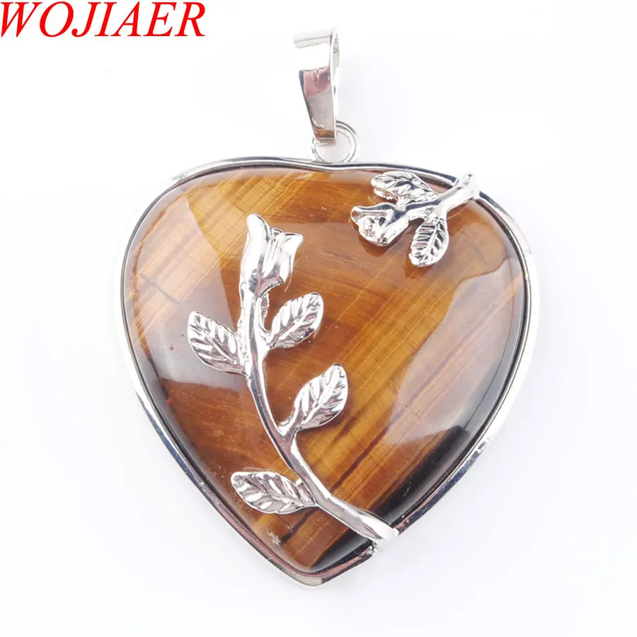Tigers Eye Натуральные драгоценные камни, бусины, сердце, посеребренный цветок, целительная Рейки Чакра, ожерелья с подвесками, 1 шт., ювелирные изделия PBN316 - Окраска металла: Tigers Eye
