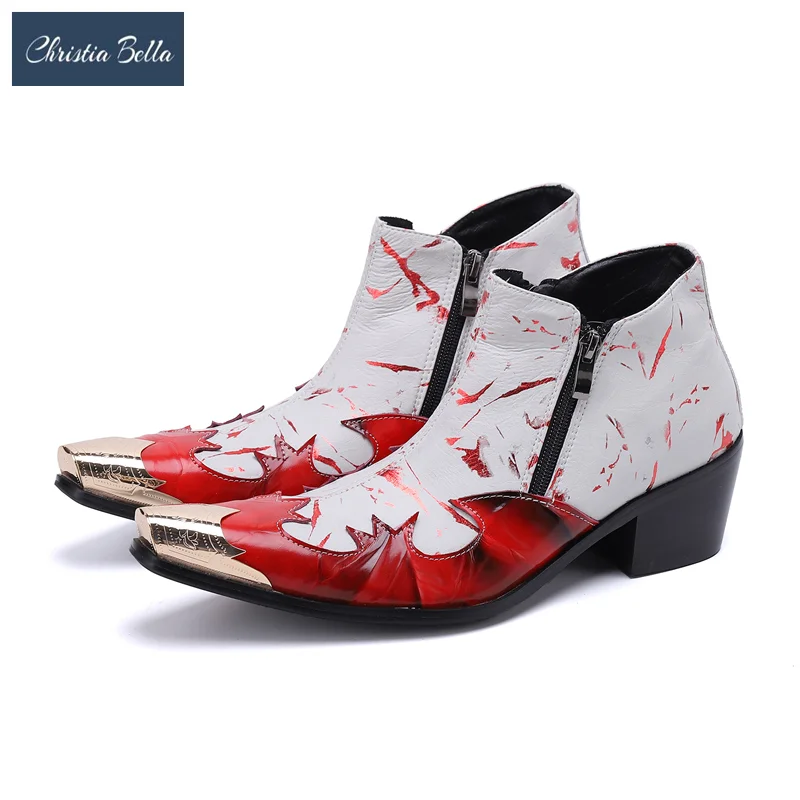 

Christia Bella British Style Men Print Genuine Leather Boots Metal Toe High Heel Male Party Boots Winter Fashion Cowboy Boots