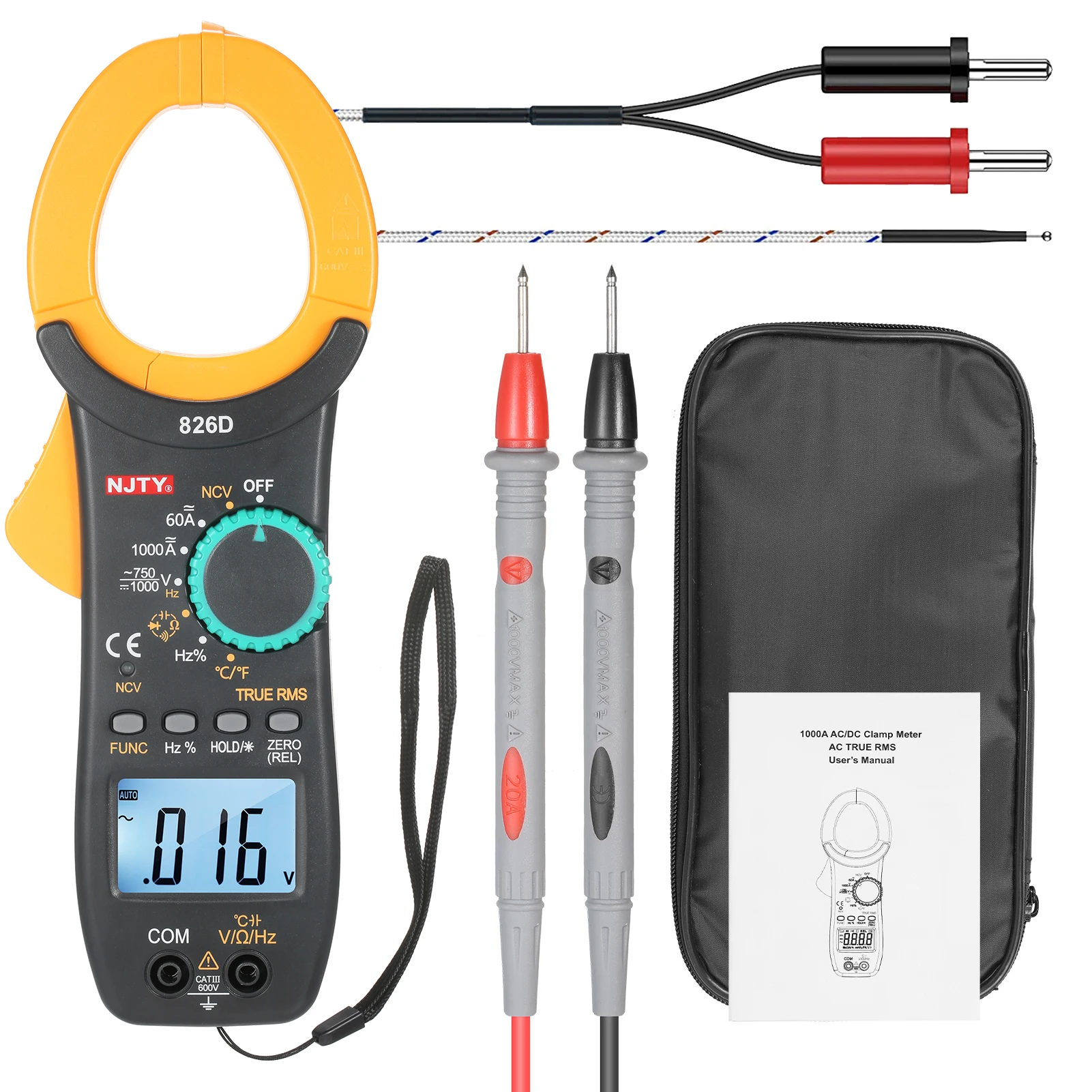 

NJTY 826D 1000A AC Clamp Meter 6000 Counts DC/AC Current DC/AC Temperature Resistance Frequency Capacitance Diodes and Buzzer