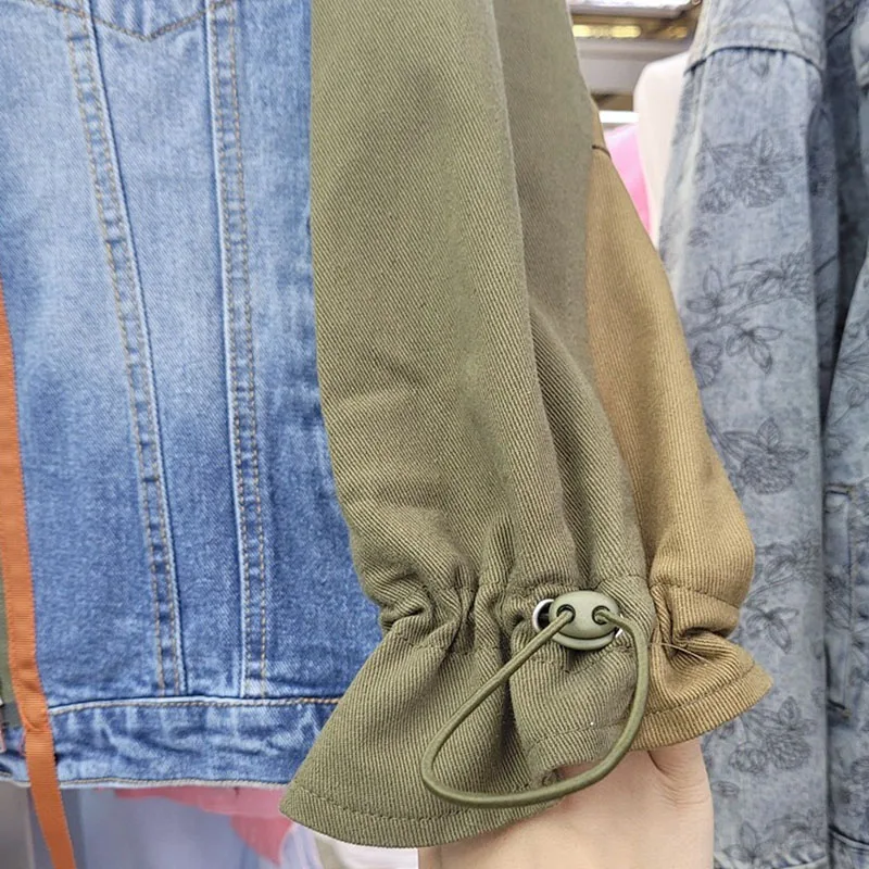 

2021 Spring High Quality Loose Long Sleeve Letter printing Denim Patchwork Hit Color Vintage Coat Women Jacket Women Jeans Coat