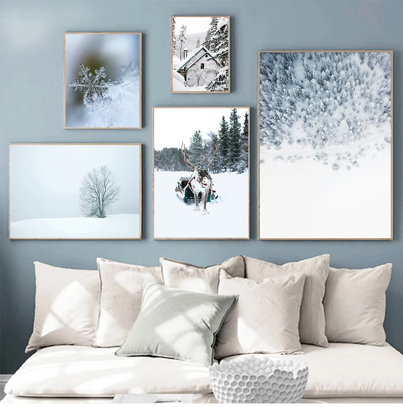 

Deer Pine Forest Tree Snow Sence Winter Wall Art Canvas Painting Nordic Posters And Prints Wall Pictures For Living Room Decor
