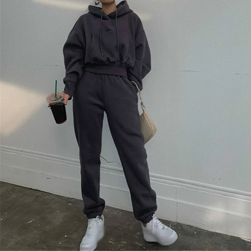 

2 Piece Set Fleece Tracksuit Women Sets Winter Hooded Long Sleeve Pocket Female Short Hoodie Suit Autumn Sport Pants Lady Suits