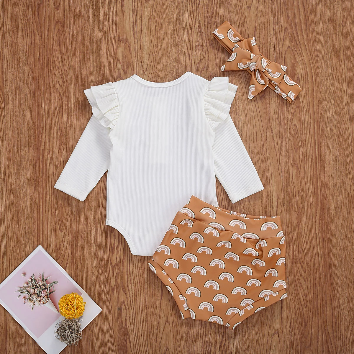 

3Pcs Autumn Newborn Clothing 3Pcs Outfits Infant Baby Girls Ribbed Long Sleeve Romper Top High Waist Floral Shorts Set
