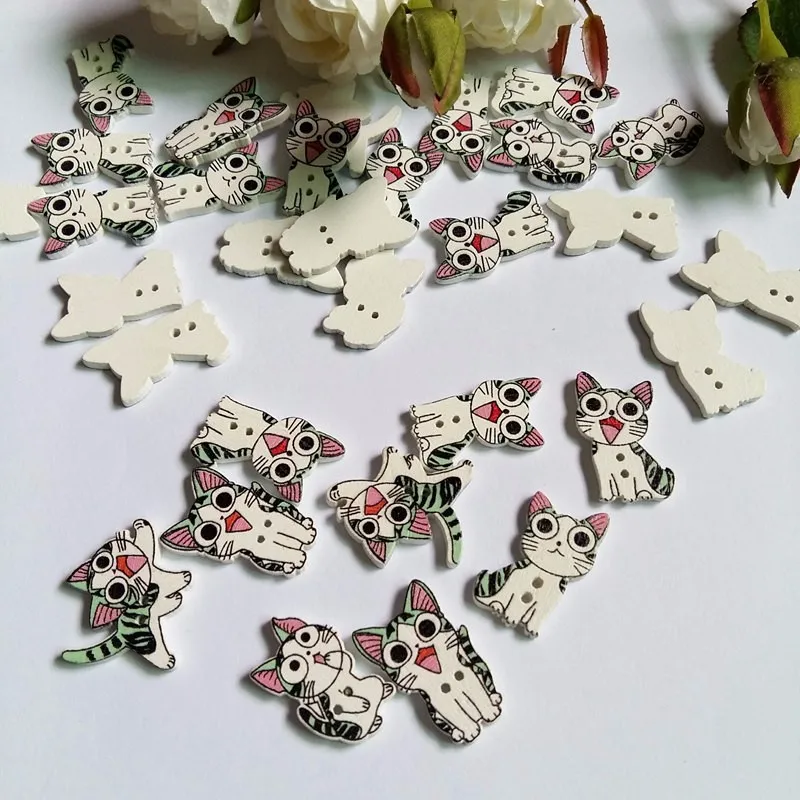 50 шт смешанные цвета Цвет милый кот мульти Botones 2 отверстия деревянная печать Flatblck