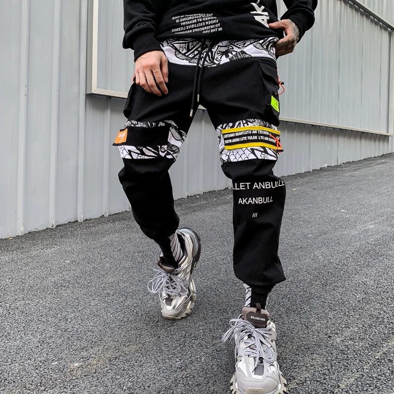 Новые корейские черные лоскутные брюки-шаровары мужские повседневные штаны для