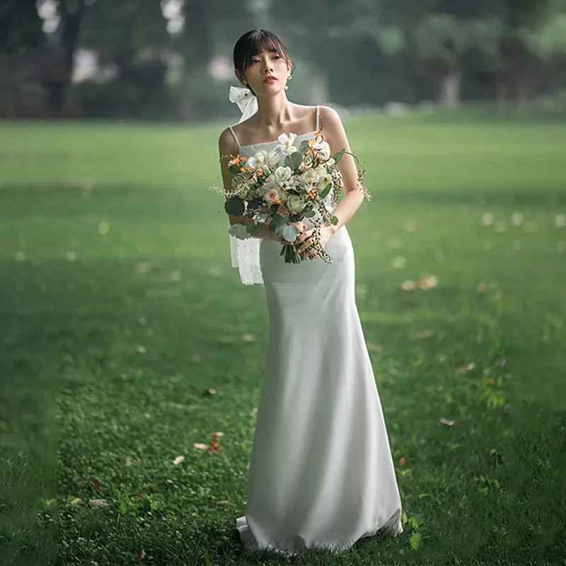 

Sexy Satin Spaghetti Strap Evening Party Dress Women Slim Full-length Bridal Wedding Gown Simple Vestidos De Festa Oversize 3xl