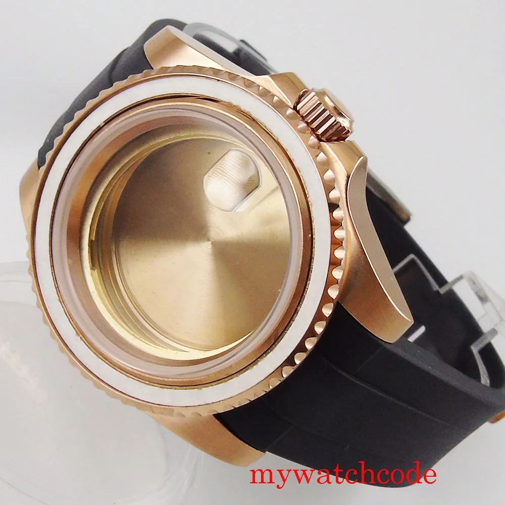 Bliger 40mm Men Watch Case Wactch Parts Rubber Strap Fit MIYOTA 8215 Automatic Movement Sapphire Glass Rose Gold Plated Case