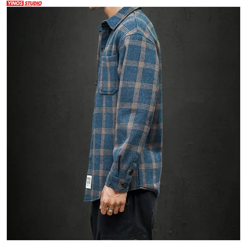 Дропшиппинг японский стиль Мужские плотные рубашки с длинным рукавом в клетку 2020