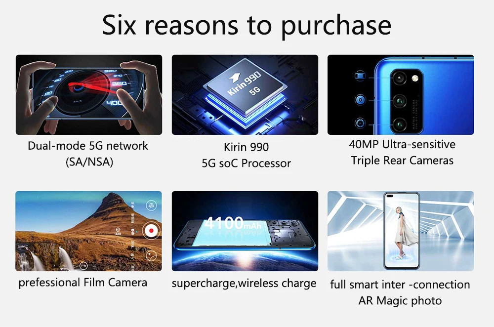 Смартфон Honor V30 Pro Kirin990, четыре ядра, 5G, 6 ГБ, 8 ГБ, 128 ГБ, 40 МП, тройная камера, 40 Вт, SuperCharge, NFC, Google play