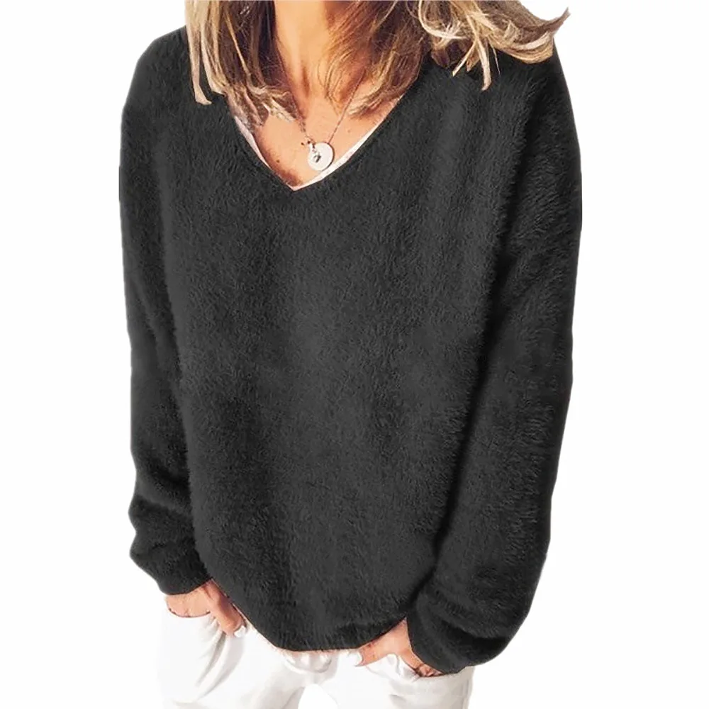 

Ursuper 2021 European Autumn and Winter Women's Clothing Fleece Shirt V neck Long Sleeve Loose T-shirt Sweater