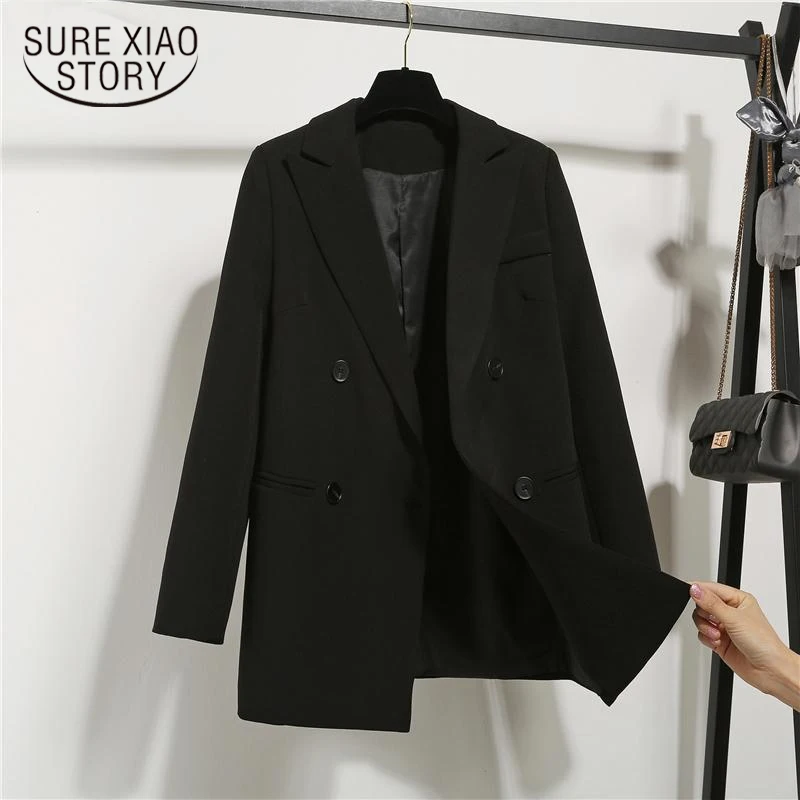 

High Quality Fashion Autumn Winter Notched Double Breasted Jackets Korean Casual Black Jacketss Women Work Wear Coat 15687