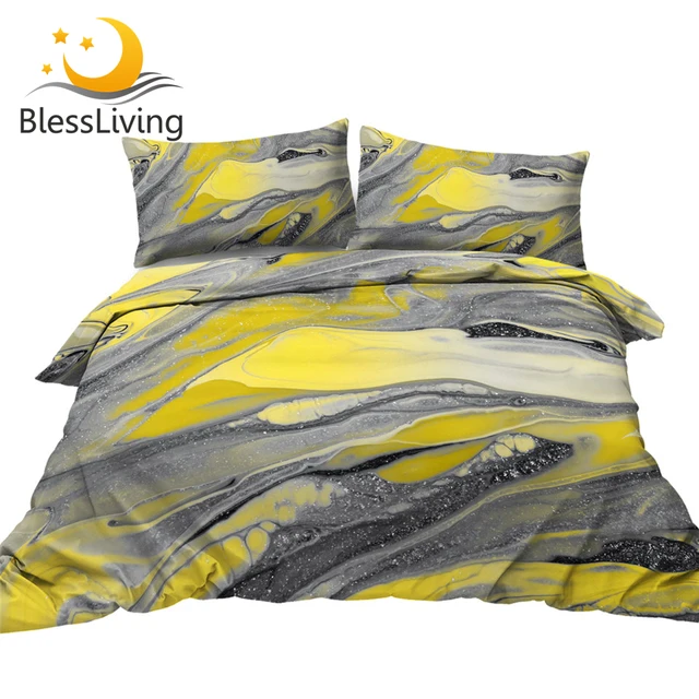 BlessLiving Marble Bedding Set Yellow Grey Duvet Cover Nature Inspired Bed Set Modern Bedspread Abstract Art Home Decorations 1