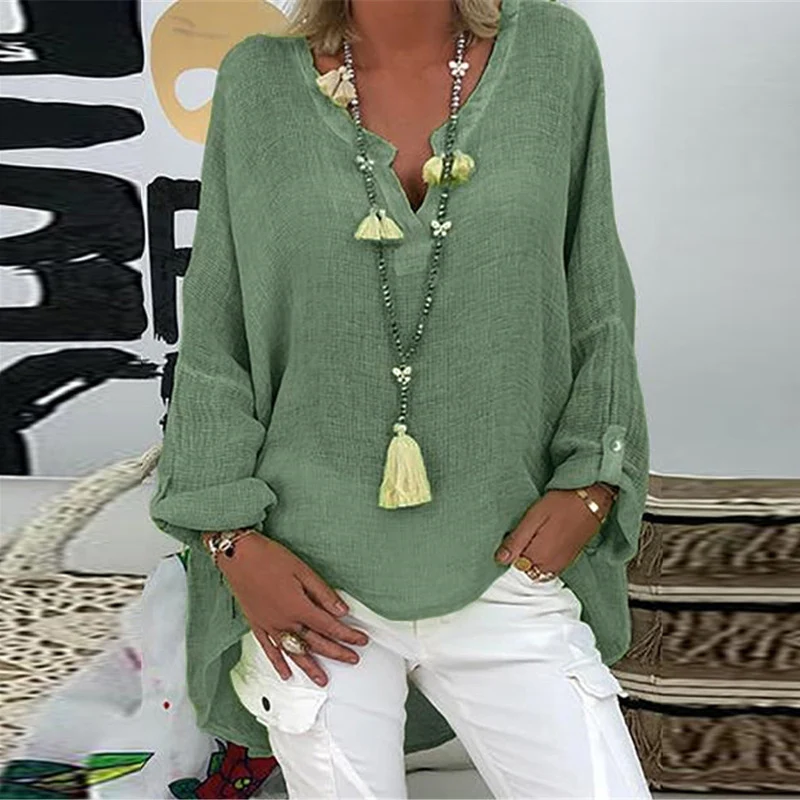 

Women Casual Fashion Solid Blouse Womens T-Shirt Spring Plus Size Blouses Loose Long Sleeve Shirts V-neck Shirt Tops For Women