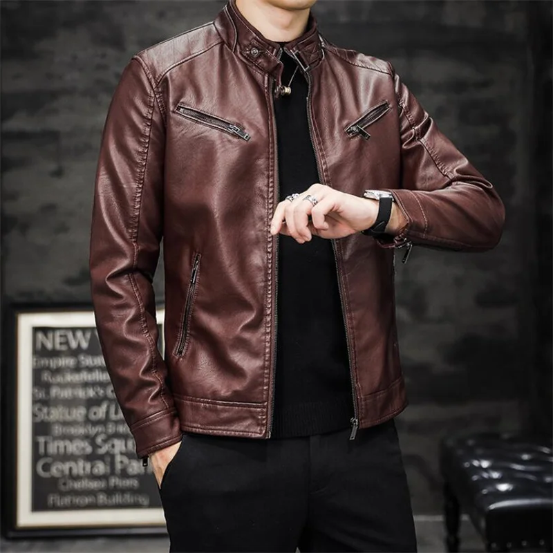 Новая мужская куртка из искусственной кожи весна-осень. Версия из Кореи. Модное досуговое изделие со стойким воротником, приталенное, узкое. Мотоциклетное покрытие из PU.