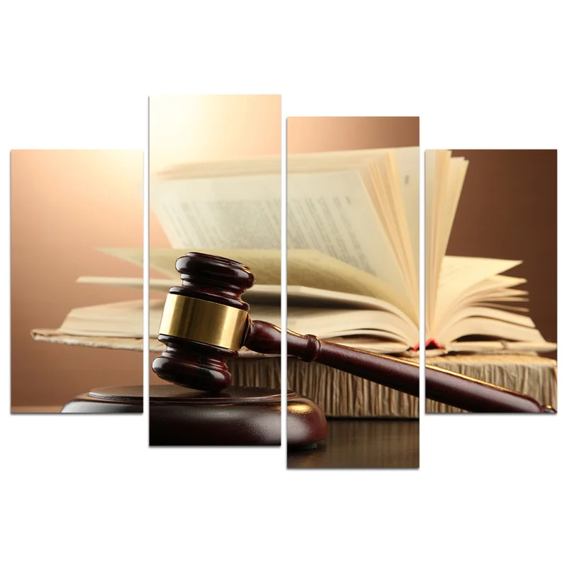 

4 Piece Canvas Poster Painting Wooden Gavel and Books on Brown Background Justice Concept Modern Prints for Room Decoration