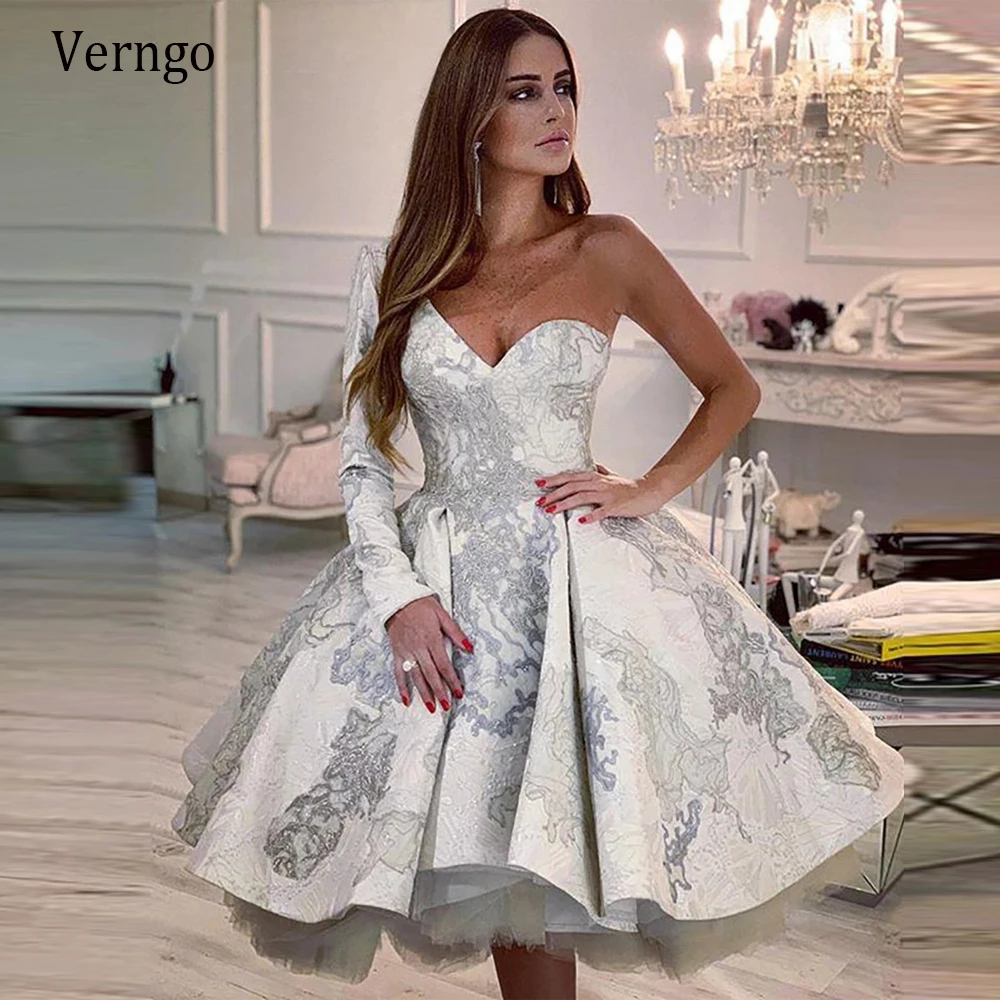 

Verngo Vintage Saudi Arabic Ball Gown Prom Dress 2021 Long Sleeve Lace Pattern Mini Formal Party Dress Knee Length Evening Gown