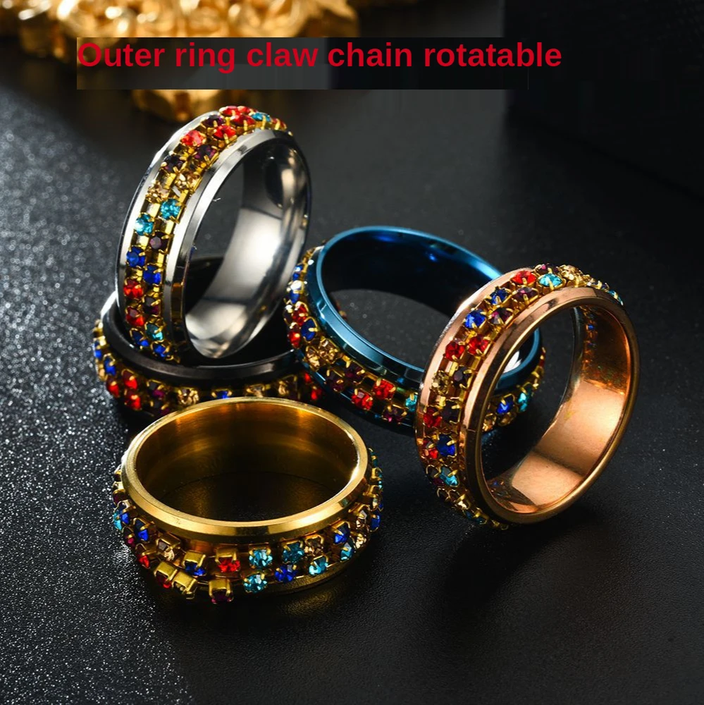 

Rings Attack on Titan Loki Vintage Gothic European and American New Style Stainless Steel Colorful Diamond Chain Rotating Ring