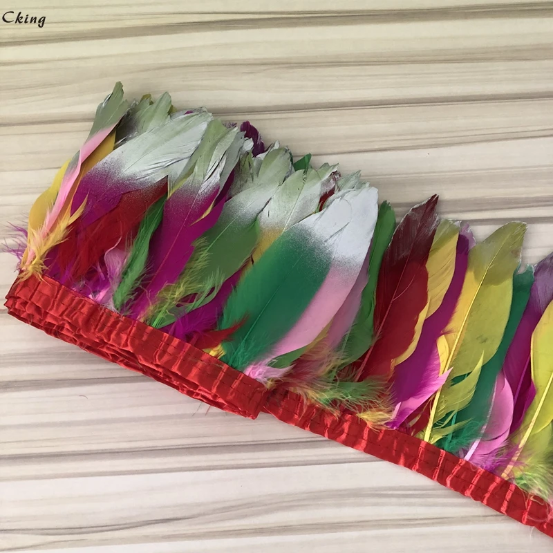 10yard/lot colorful natural goose feather fringe paint silver tips Goose Feather Trims with Satin Ribbon Tape for skir 15-20cm - купить по