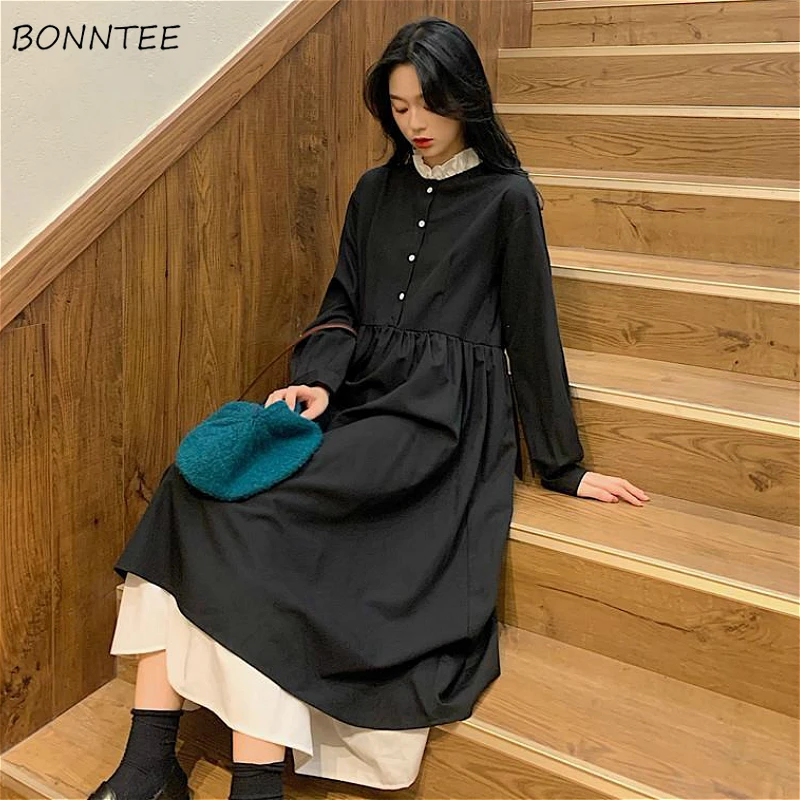

Dress Women College Style Trendy Patchwork Design Chic Korean Femme Mid-Calf Vestidos Lovely A-Line Chic Oversize Girls Dresses