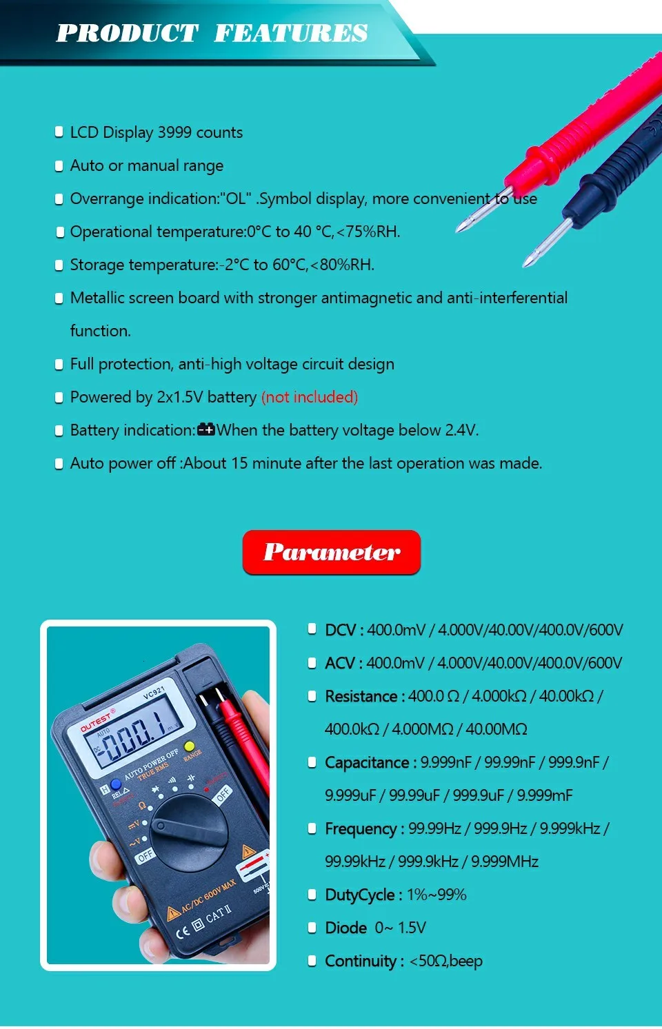 OUTEST VC921 мини цифровой мультиметр True-RMS Автоматический диапазон частоты AC/DC напряжение 4000 отсчетов карманный размер метр