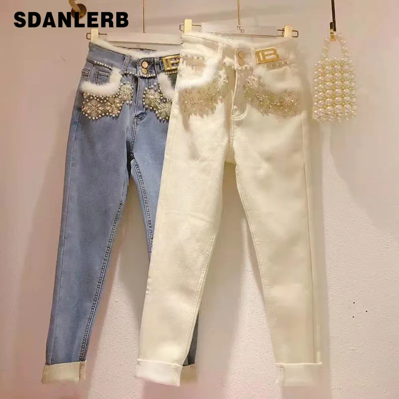 

2021 Winter New Beads Rhinestone Stitching Furry High Waist Jeans Velvet Padded Skinny Pants Elegant Denim Trousers for Women