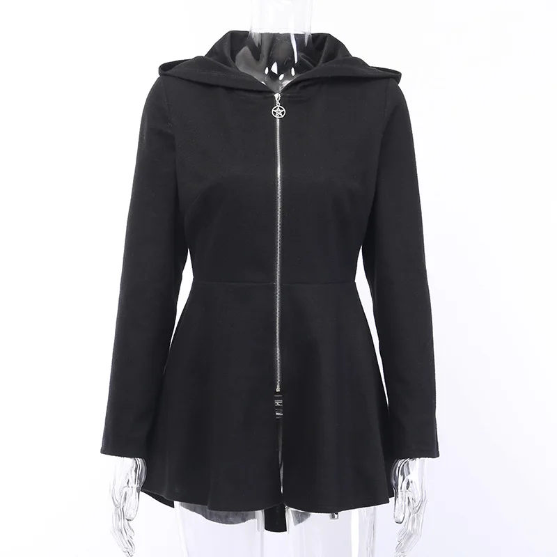 Осенне зимнее женское готическое Черное мини платье Ruibbit на молнии с капюшоном в