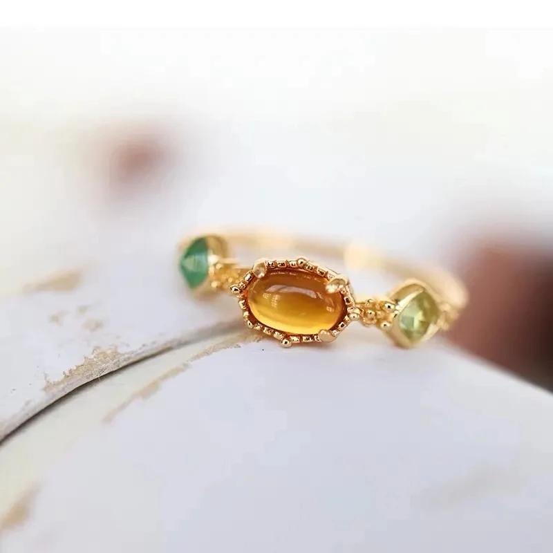 

Japanese and Korean Agete Same Style 20 Autumn and Winter Amber Green Agate Crystal Gemstone Olivine S925 Sterling Silver Ring