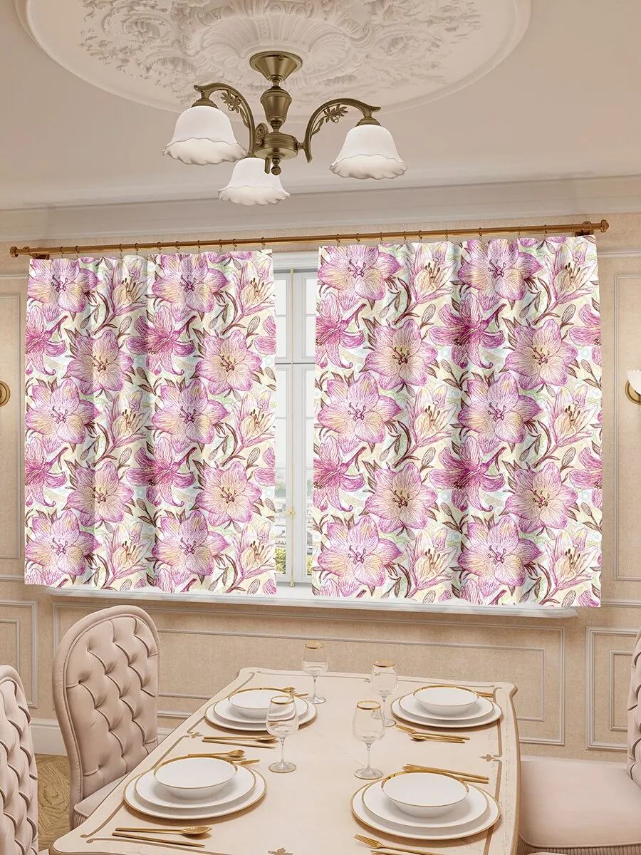 Занавески для кухни Lejoy Home из габардина "Пурпурный Лилия" 180 х 290 см (2 шт. 145 х 180 см каждая). Короткие занавески готовые.