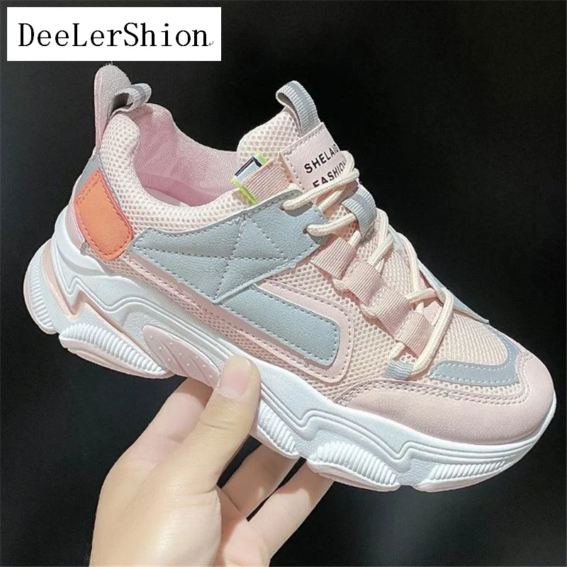 Женские массивные кроссовки черные или розовые дышащие сетчатые повседневные на