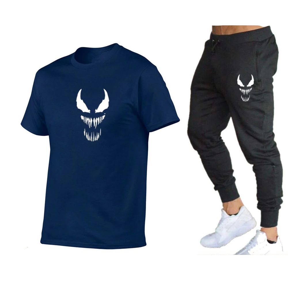 

European American new style men's cotton short-sleeved suit O-shaped round neck T-shirt + trousers casual sports suit comfor