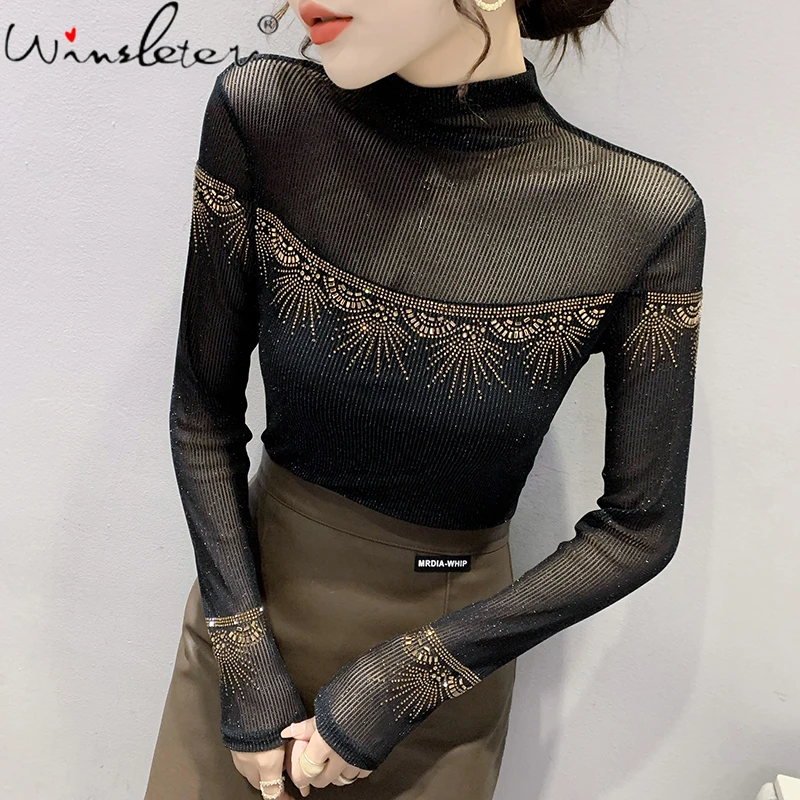 

MadBlack Fall Winter European Clothes T-Shirt Fashion Sexy Mock Neck Mesh Tops Shiny Dimaonds OL Women Long Sleeve Tees T19838A