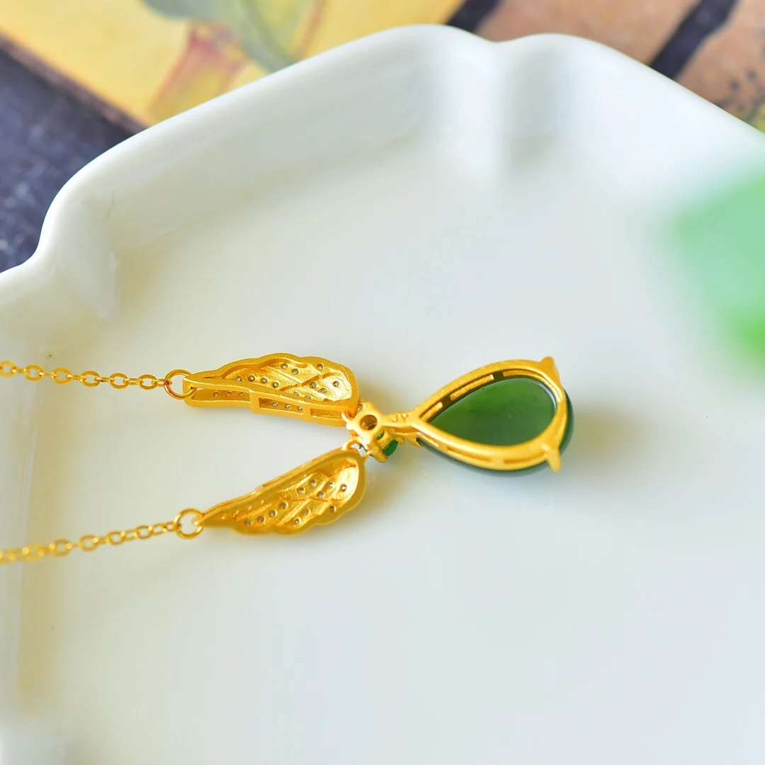 Женское ожерелье из серебра 925 пробы с нефритовым нефритом И крыльями ангела