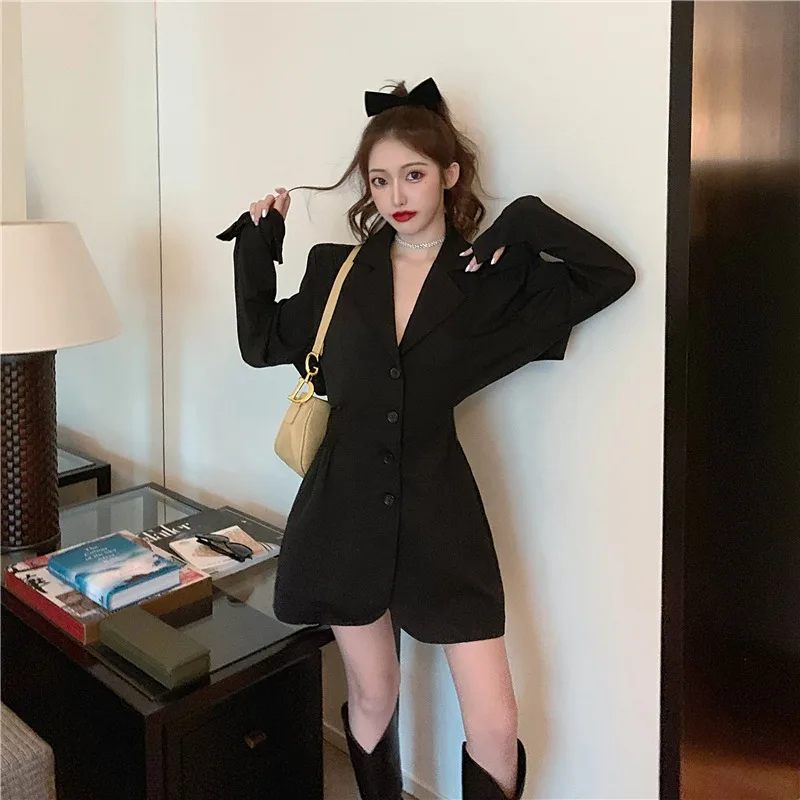 

Small Suit Coat Women's Autumn Black Thin Suit Skirt New Korean Loose Medium Length Top Sweet Layd Girl Jacket Blazers Loose Fit