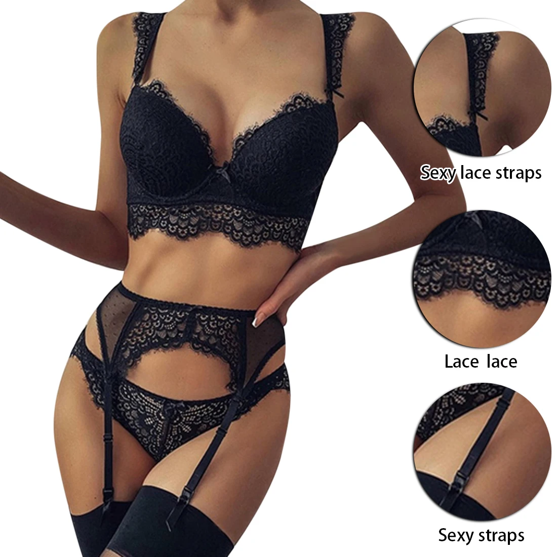 

Uefezo 3Pcs Women Underwear Set Sexy Erotic Lace Hollow out Lingerie Babydoll High waist G-String Garters Nightwear Bra Sets