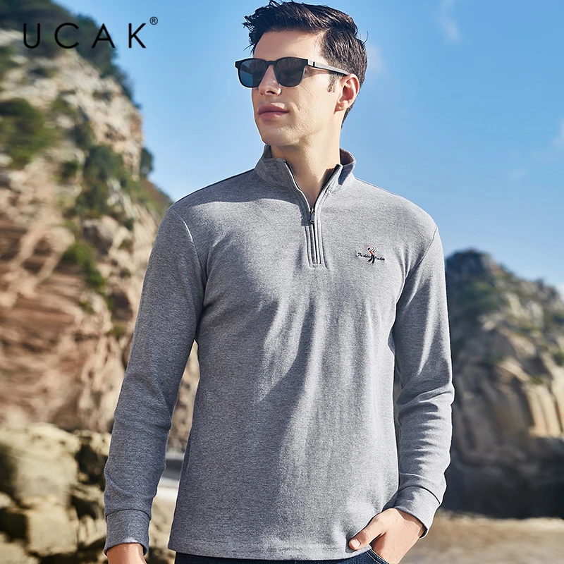 

UCAK Brand Spring New Arrivals High Quality Pure Cotton Casual Solid Color O-Neck Long Sleeves Zipper Men's T-Shirt Homme U5359