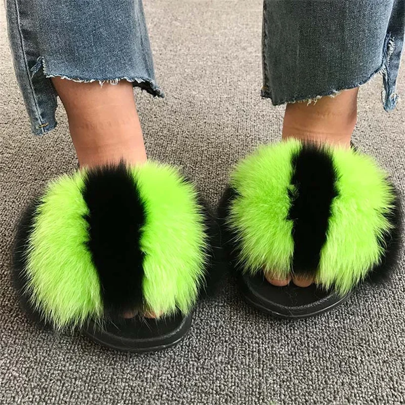 

Summer Women Real fox Fur Slippers Home Fluffy Sliders Cute Ladies Home Furry Shoes Female Raccoon fur Flip Flops Free Shipping