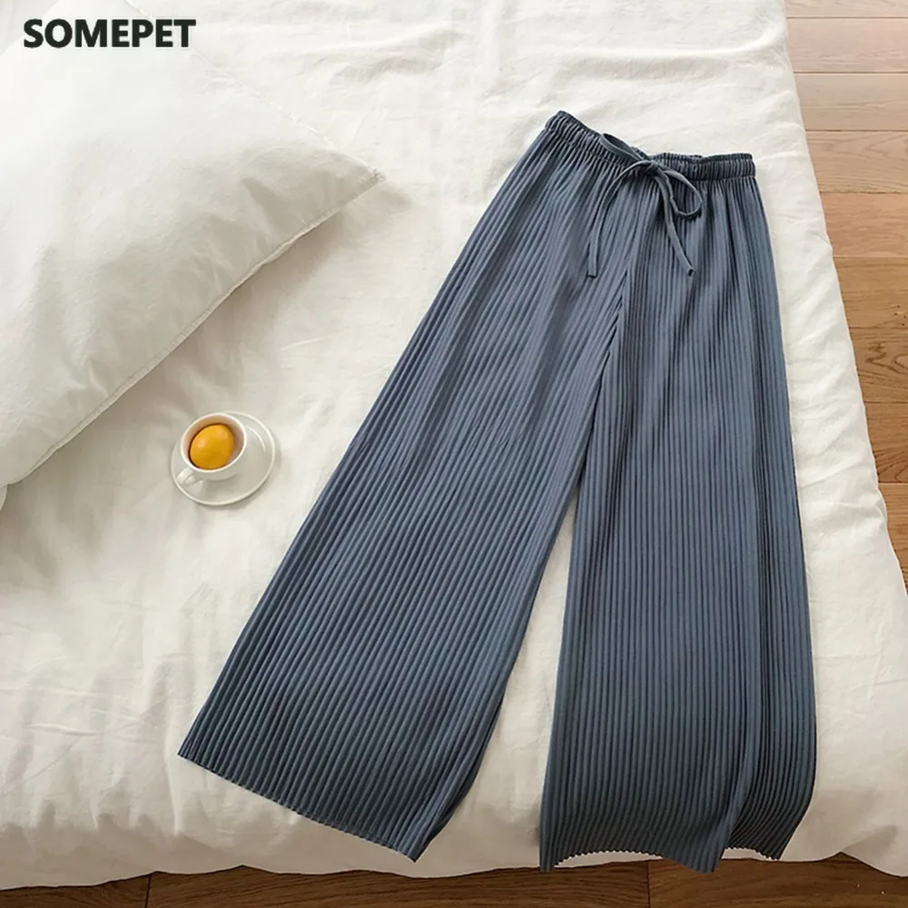 

Hot Women Loose Wide Leg Pants Summer High Waist New Arrival Solid Trousers Casual Drawstring Summer Autumn Pants