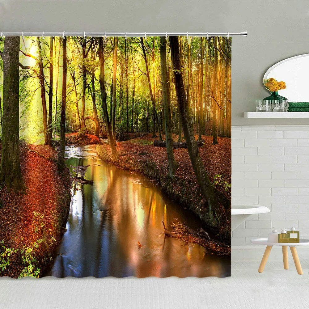 

Waterproof Nature Woods Sunshine Flowers Shower Curtain Set Polyester Fabric High Quality Bath Screen With Hooks 3D Printing