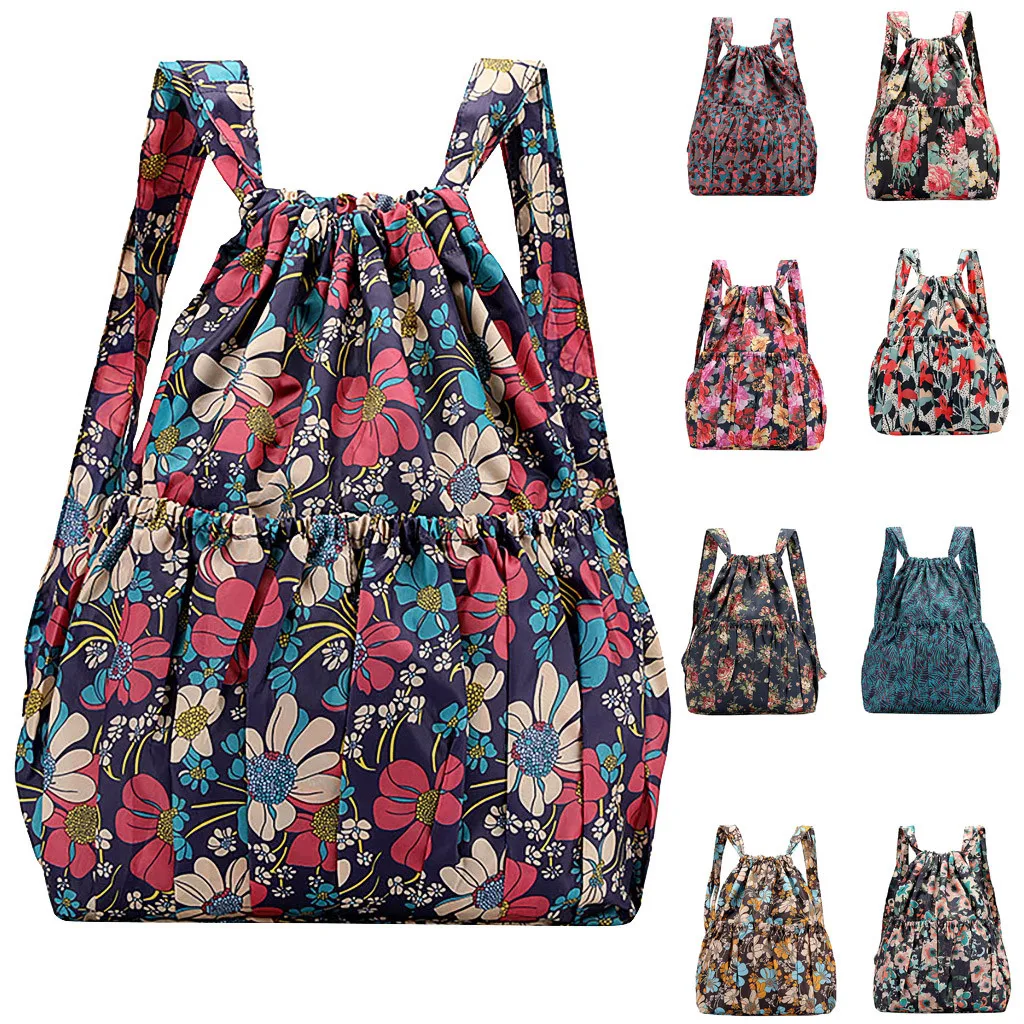 

2021 Fashion Vinatge Drawstring Backpacks Women Large Capacity Flower Ethnic Style Waterproof Nylon Rucksack Shoulders