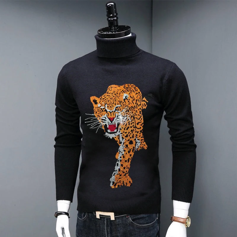 

Autumn Men's Turtleneck Sweater Wild Black and White Knitted Crops Top Quality Warm Slim WOOL Comfortable Casual Knitwear