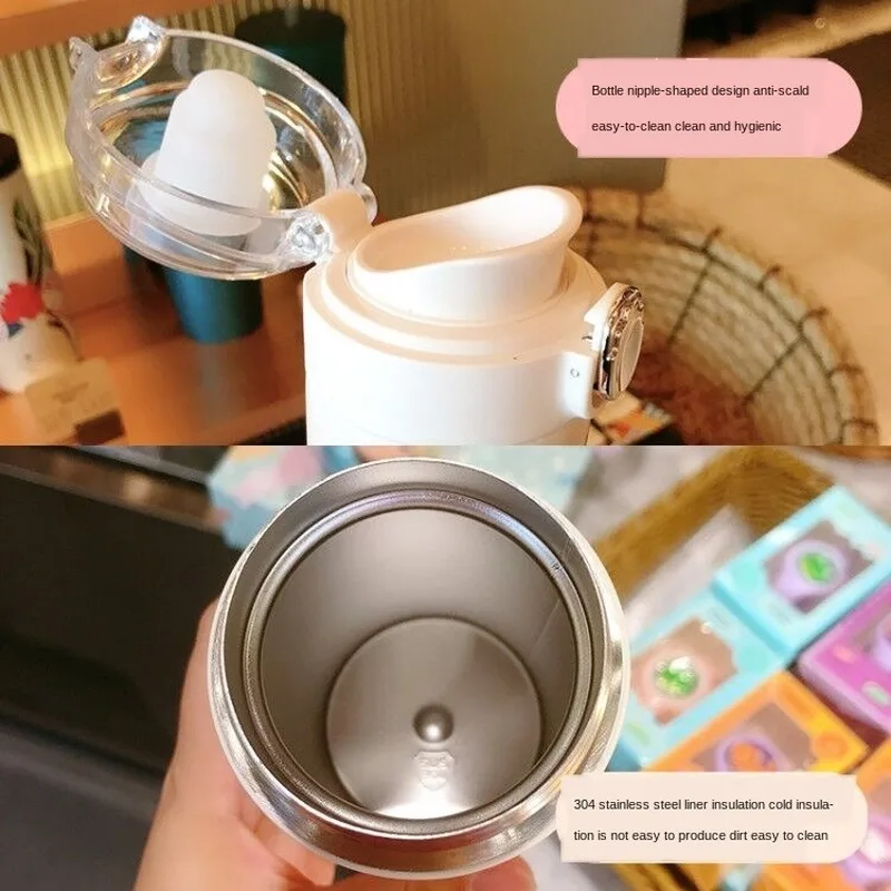 Women Cute Portable Thermos Cup Internet Celebrity Bounce Cover Good-looking Cartoon Drinking Anti-Fall Student Children | Дом и сад